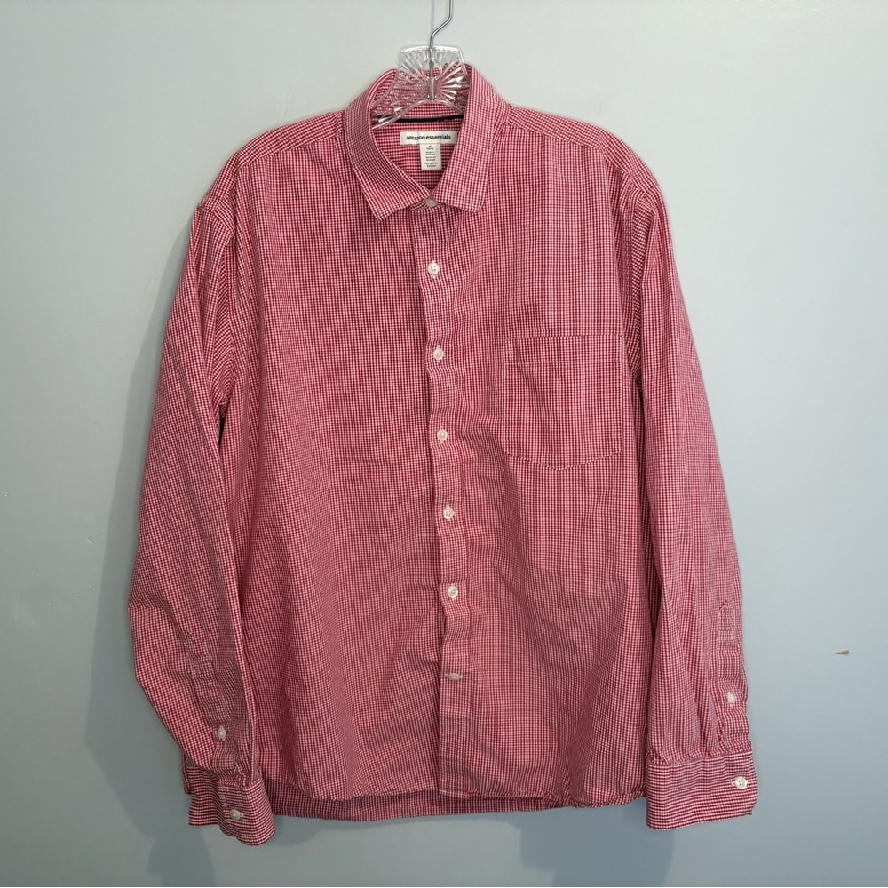Amazon Essentials Mens' XL Red White Gingham Plaid Long Sleeve Button Down Shirt